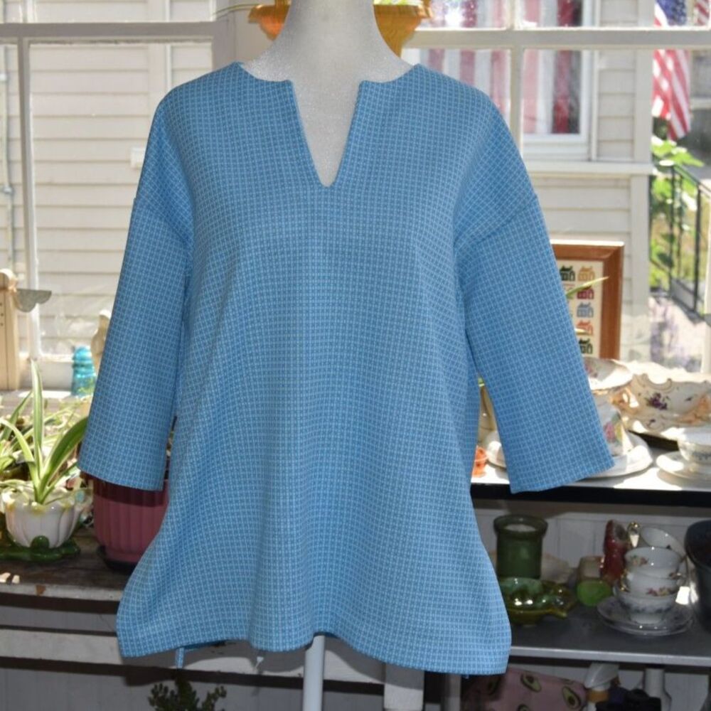 Vintage 1970s Blue Geometric Tunic Top Handmade Mod Blouse Plus Size XL